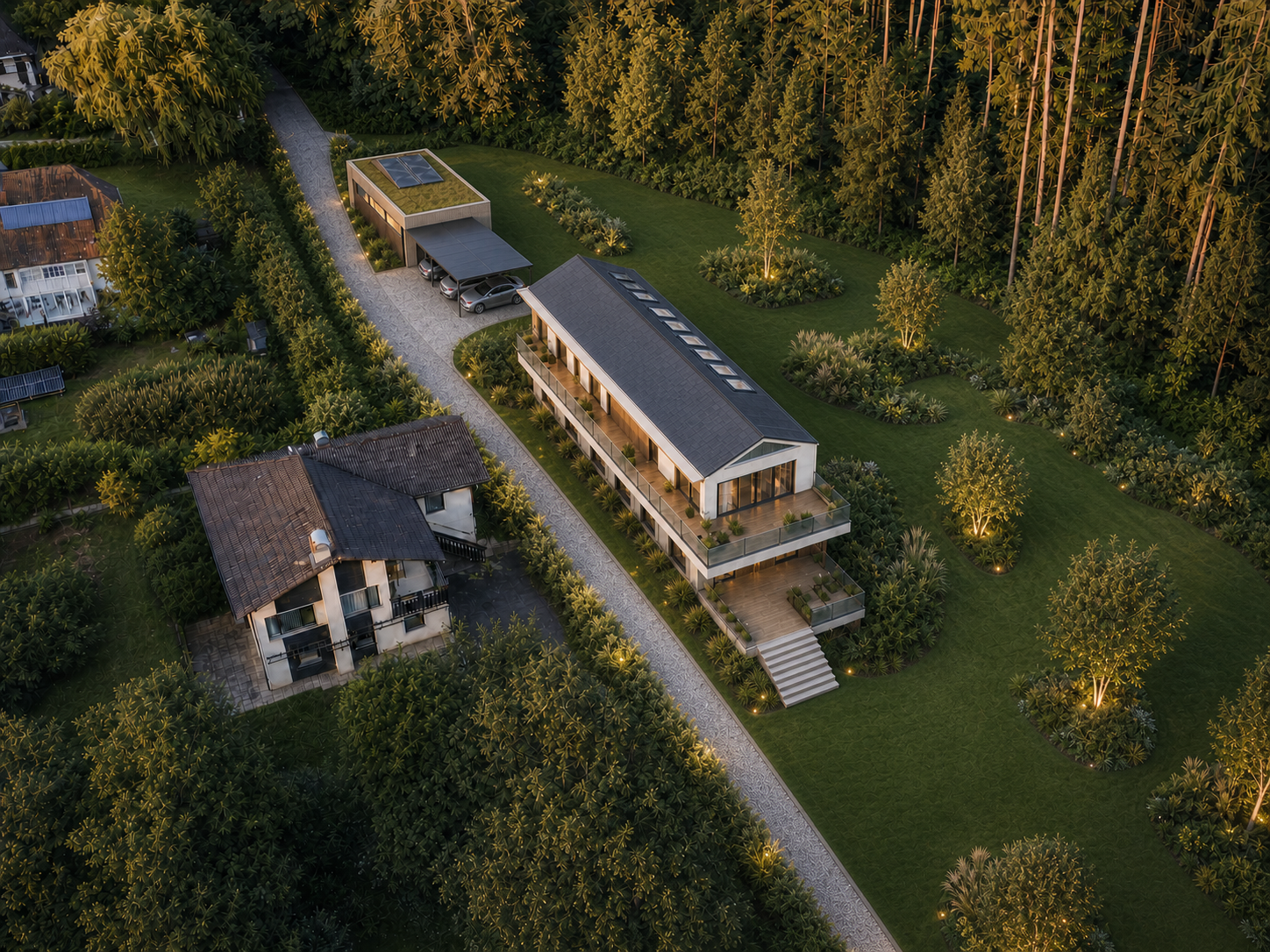 Luftbildvisualisierung des Architekturprojekts mit drei Geschossen, Carport, Nebengebäude und Garten bis zur Waldkante